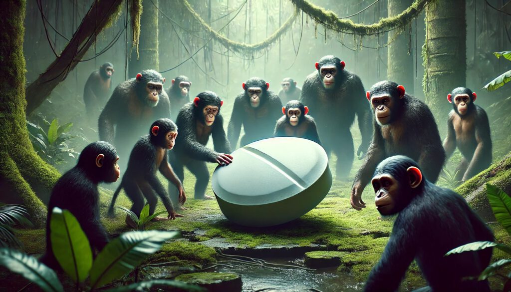 DALL·E-2025-03-09-12.13.53-A-group-of-intelligent-apes-gathers-around-a-gigantic-classic-round-pill-in-a-mysterious-jungle-setting.-The-apes-display-a-mix-of-awe-and-curiosity--1024x585 über Targin